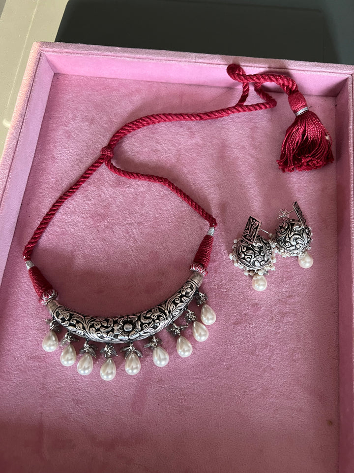 Elegance Redefined: 925 Silver Hasli Necklace Set with Chitai Work and Exquisite Gemstones