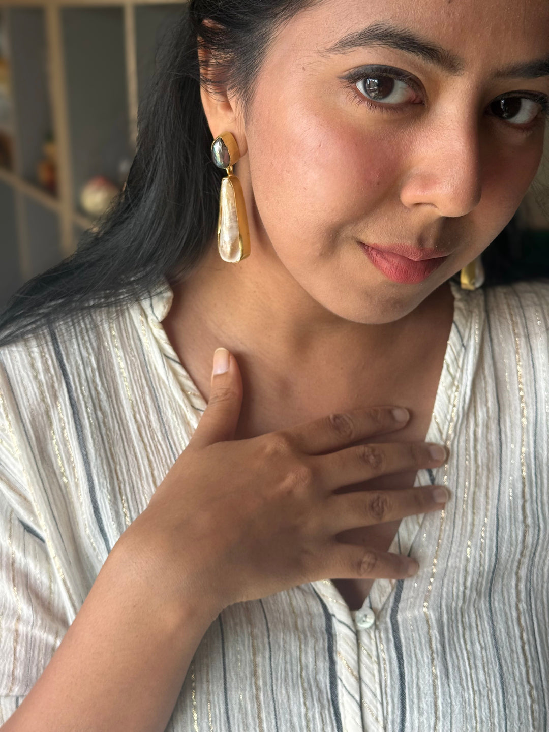 Handmade Labradorite & Pearl Statement Earrings | Brass Push Back Jewelry