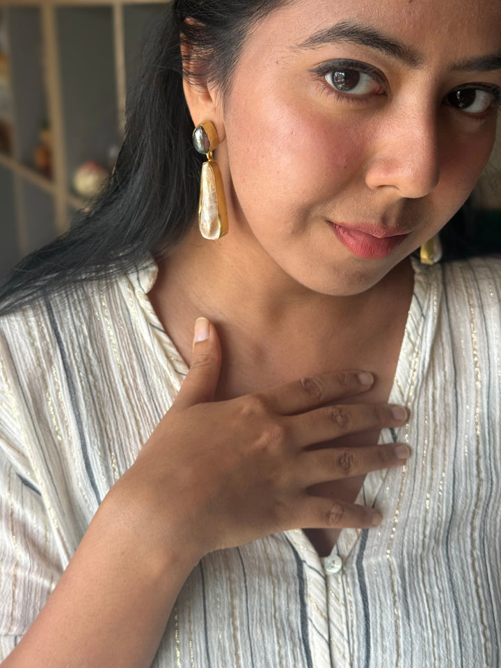 Handmade Labradorite & Pearl Statement Earrings | Brass Push Back Jewelry