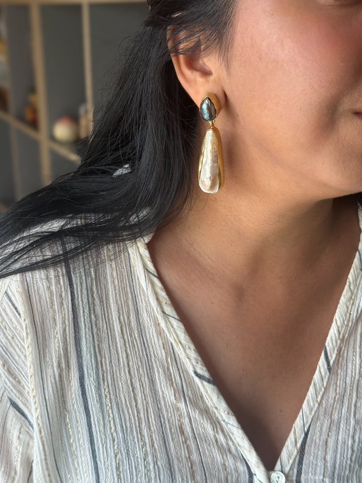 Handmade Labradorite & Pearl Statement Earrings | Brass Push Back Jewelry