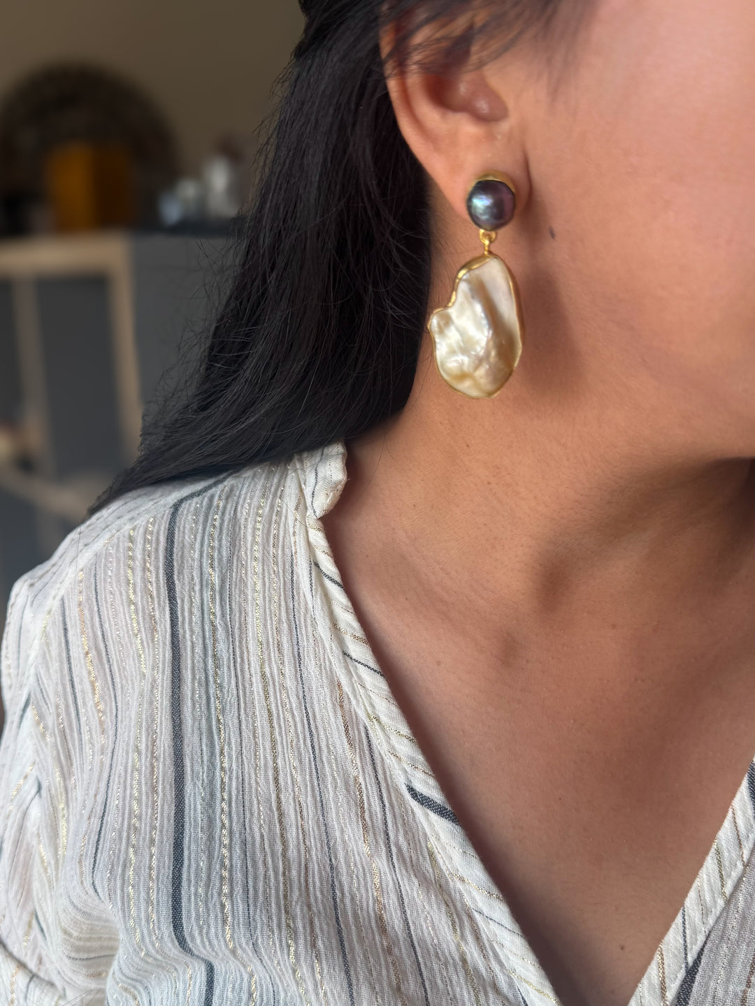 Handmade Labradorite & Pearl Statement Earrings | Brass Push Back Jewelry