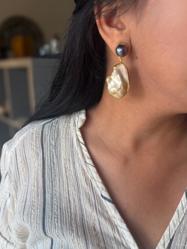 Handmade Labradorite & Pearl Statement Earrings | Brass Push Back Jewelry