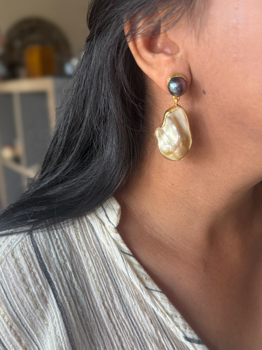 Handmade Labradorite & Pearl Statement Earrings | Brass Push Back Jewelry