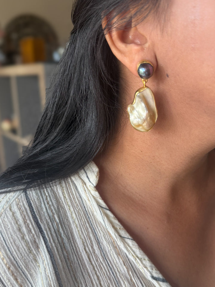 Handmade Labradorite & Pearl Statement Earrings | Brass Push Back Jewelry