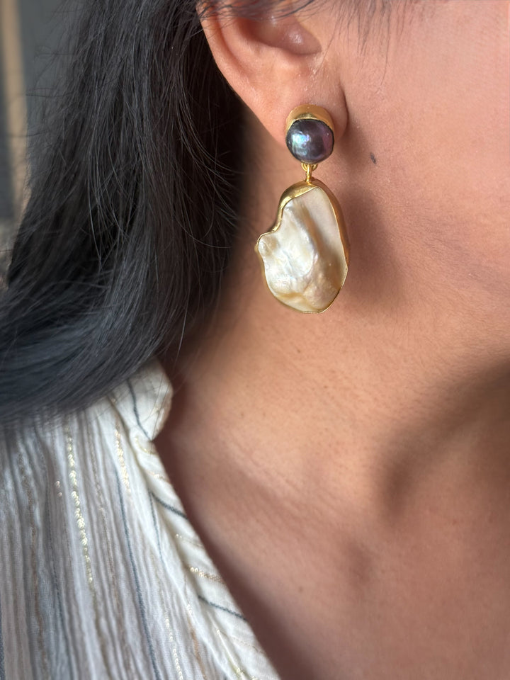 Handmade Labradorite & Pearl Statement Earrings | Brass Push Back Jewelry