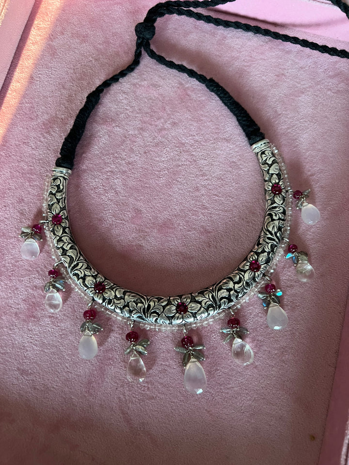 Radiant Elegance: Handmade 925 Silver Hasli Necklace with Rose Quartz and Fire Labradorite