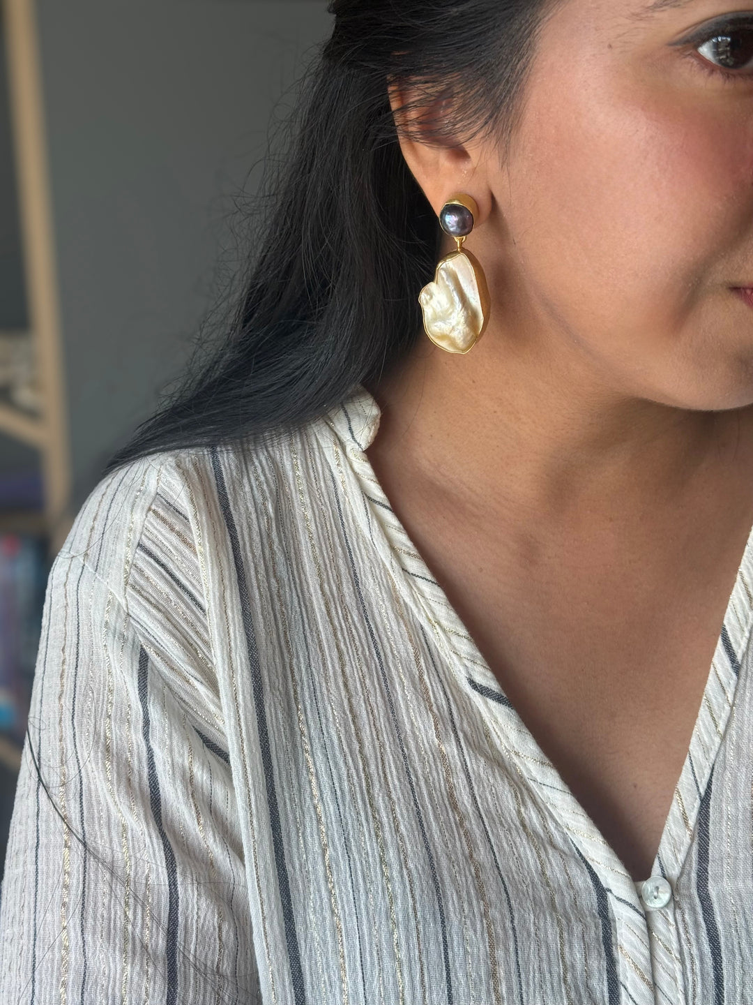 Handmade Labradorite & Pearl Statement Earrings | Brass Push Back Jewelry
