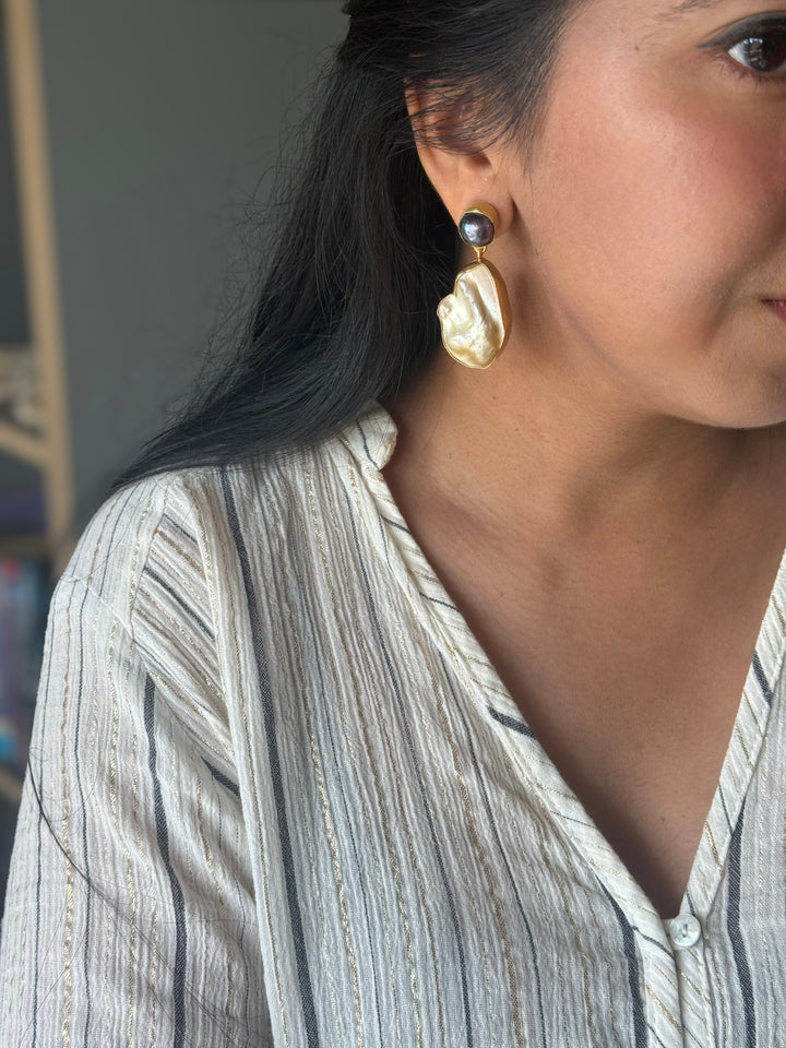 Handmade Labradorite & Pearl Statement Earrings | Brass Push Back Jewelry