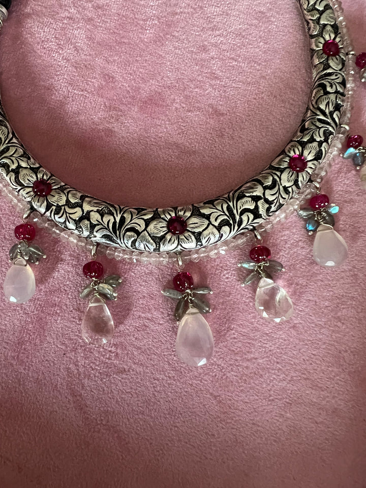 Radiant Elegance: Handmade 925 Silver Hasli Necklace with Rose Quartz and Fire Labradorite