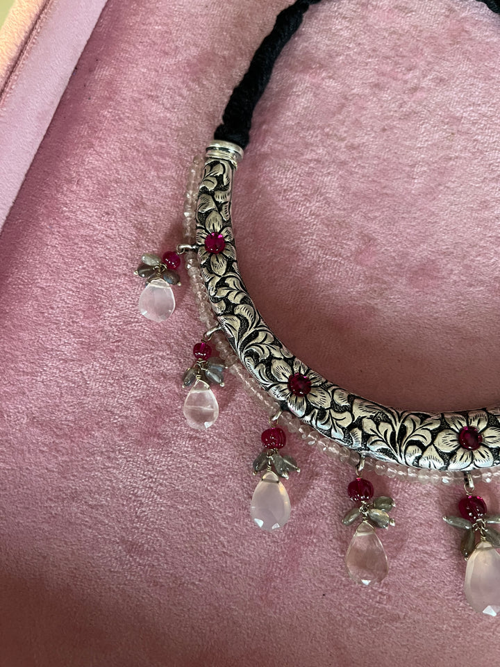 Radiant Elegance: Handmade 925 Silver Hasli Necklace with Rose Quartz and Fire Labradorite