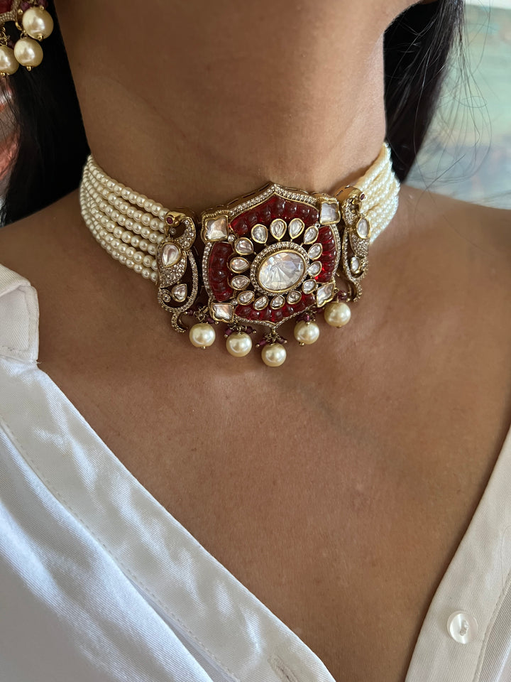 Victorian Pearl and Kundan Choker Necklace with Studs