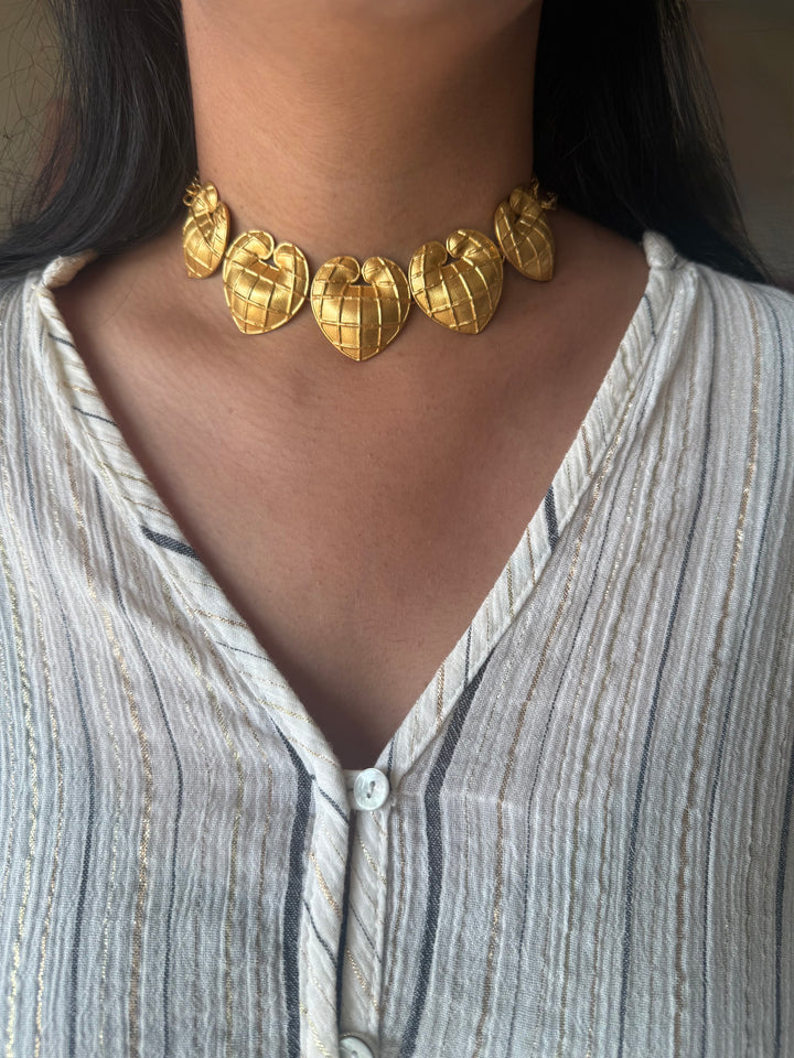 Handmade Heart Statement Choker Necklace | Gold Polish Brass Adjustable Lobster Claw Jewelry