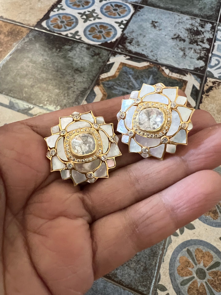 Pure 925 Silver MOP Kundan Choker with Studs