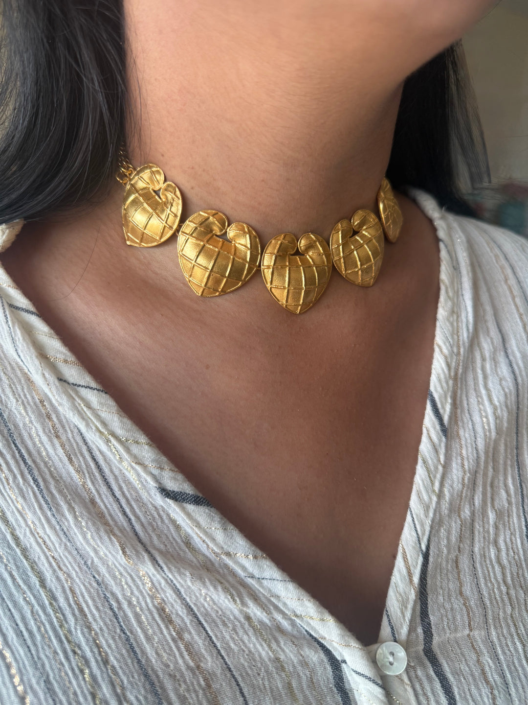 Handmade Heart Statement Choker Necklace | Gold Polish Brass Adjustable Lobster Claw Jewelry