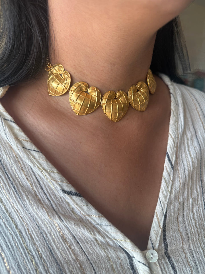 Handmade Heart Statement Choker Necklace | Gold Polish Brass Adjustable Lobster Claw Jewelry