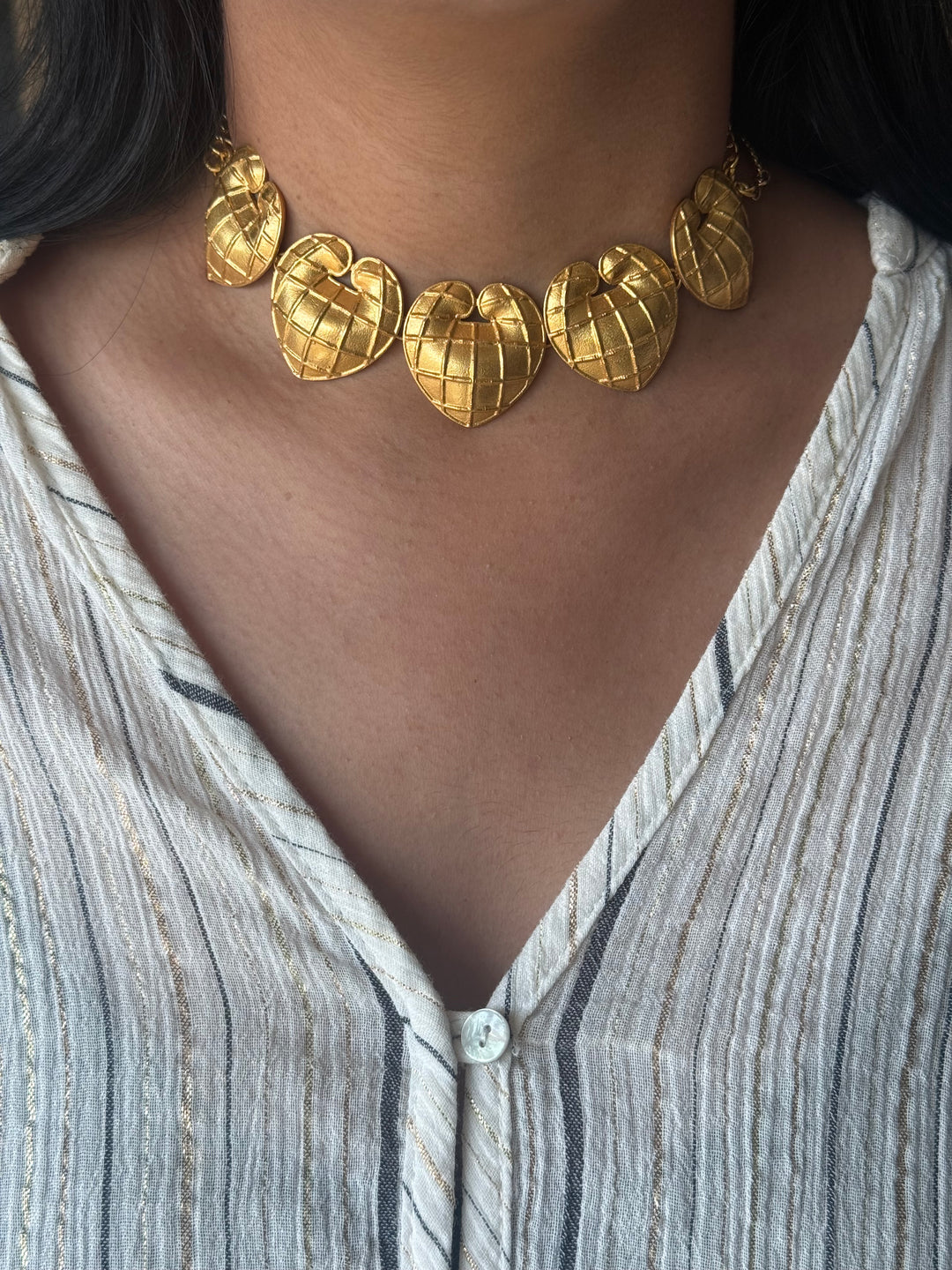 Handmade Heart Statement Choker Necklace | Gold Polish Brass Adjustable Lobster Claw Jewelry