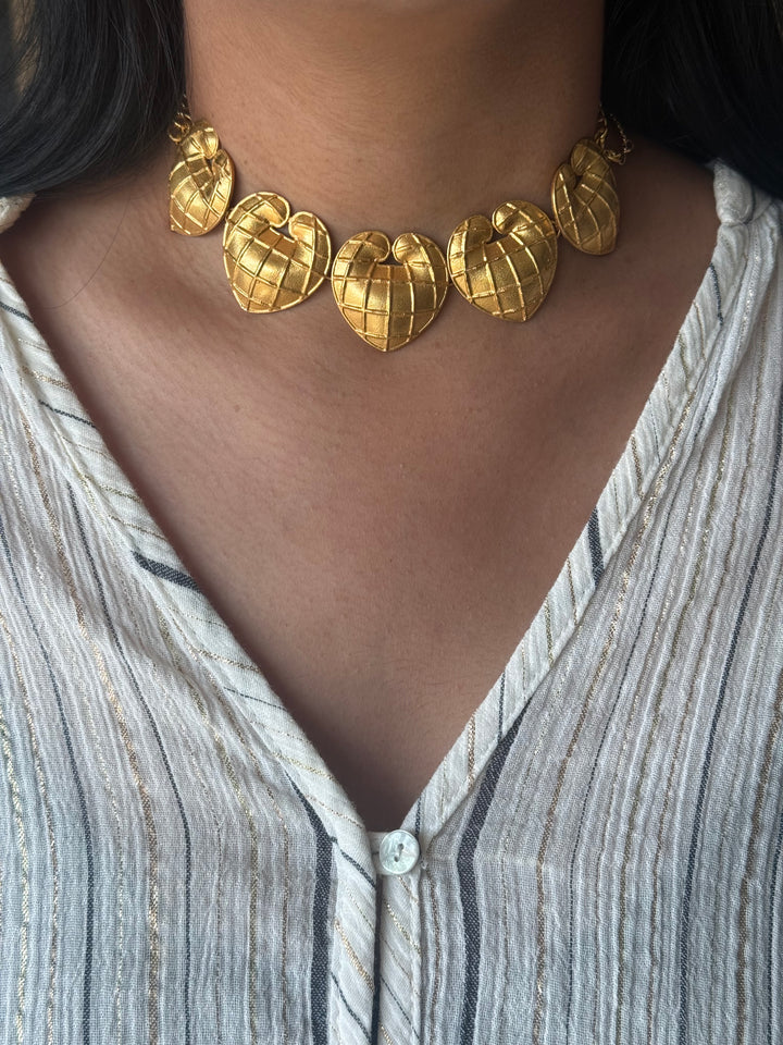 Handmade Heart Statement Choker Necklace | Gold Polish Brass Adjustable Lobster Claw Jewelry