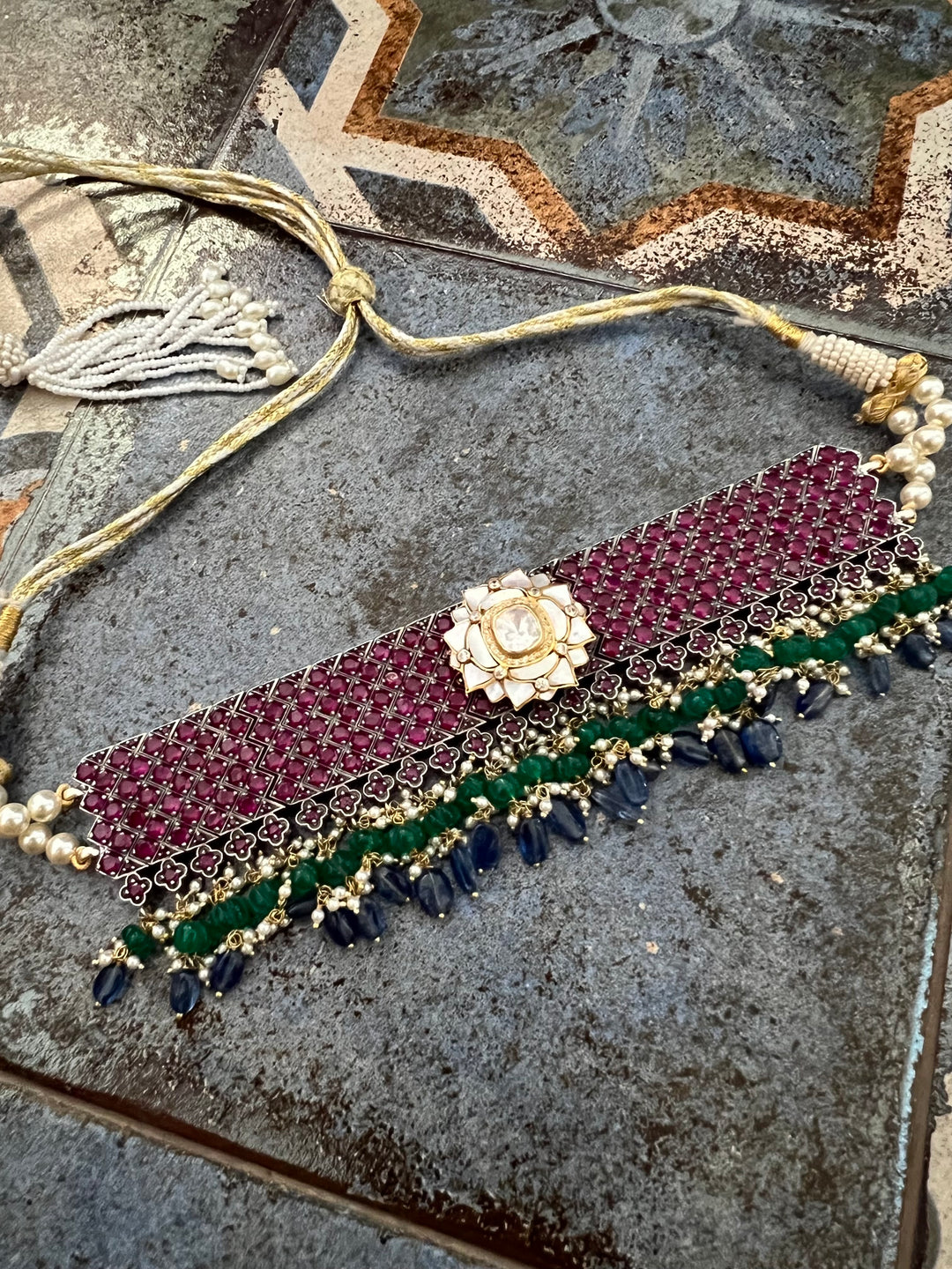 Pure 925 Silver MOP Kundan Choker with Studs