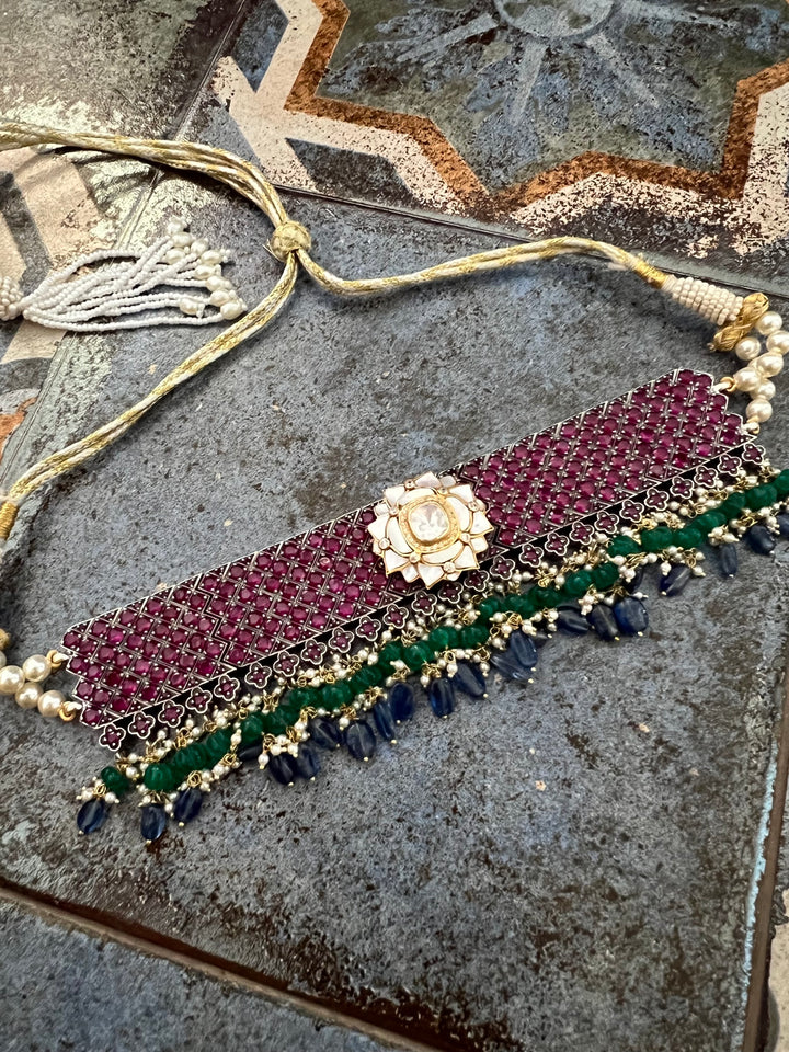 Pure 925 Silver MOP Kundan Choker with Studs