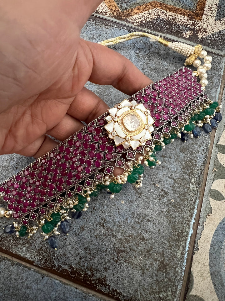 Pure 925 Silver MOP Kundan Choker with Studs