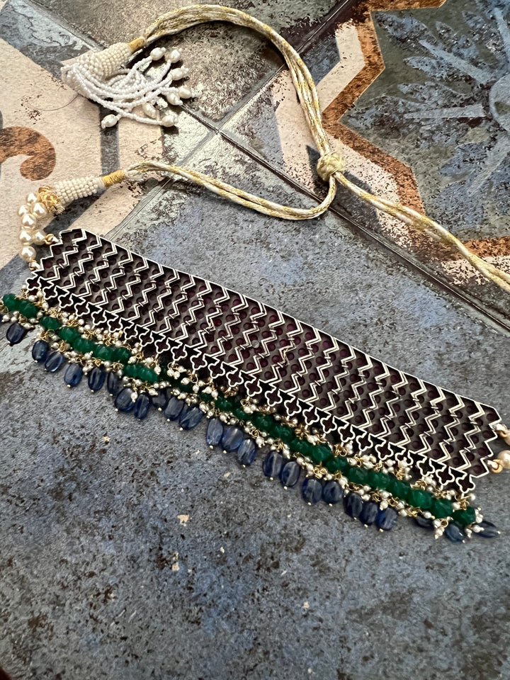 Pure 925 Silver MOP Kundan Choker with Studs