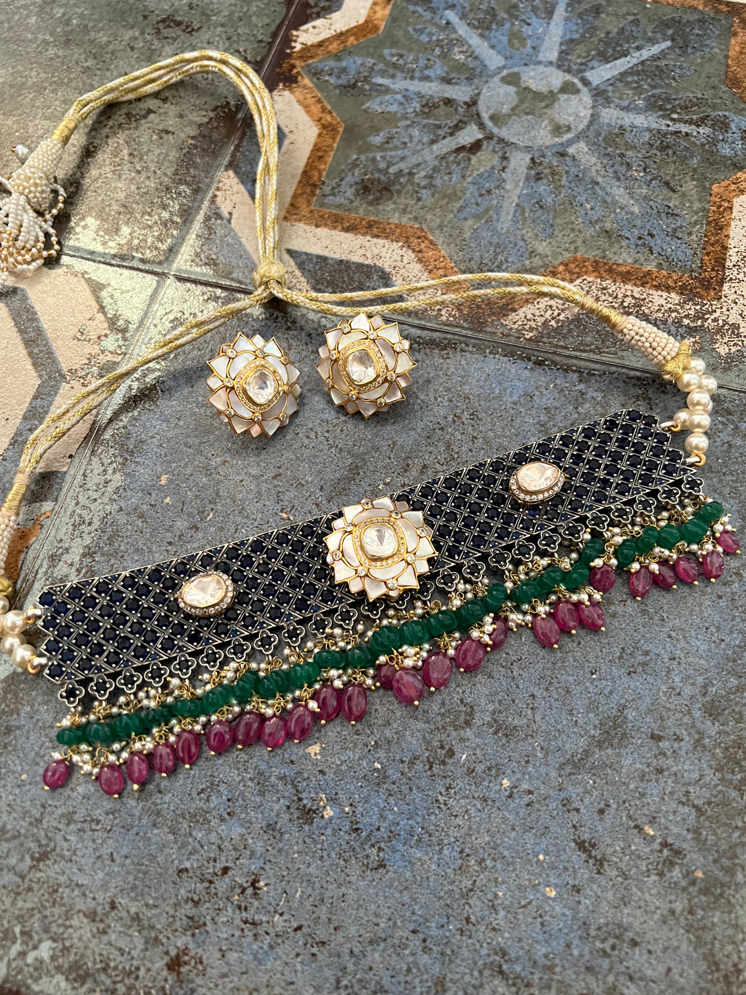 Pure 925 Silver MOP Kundan Choker with Studs