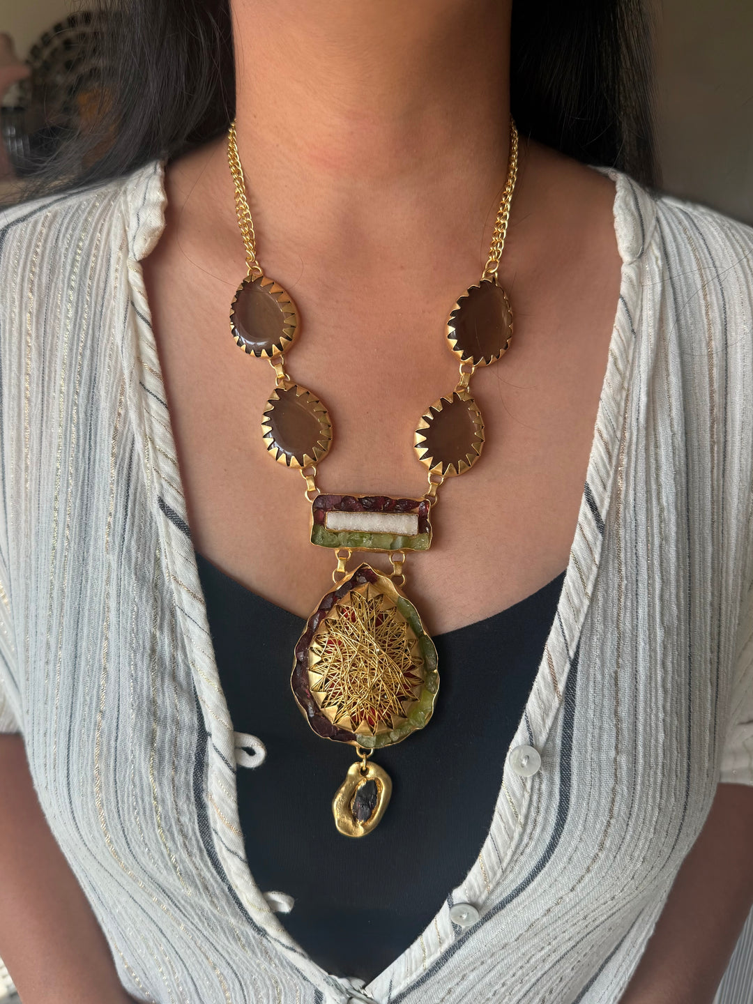 Handmade Statement Gemstone Necklace | Brass Adjustable Lobster Claw Jewelry