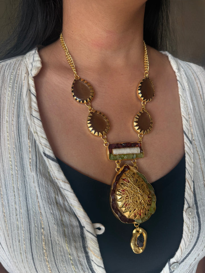 Handmade Statement Gemstone Necklace | Brass Adjustable Lobster Claw Jewelry