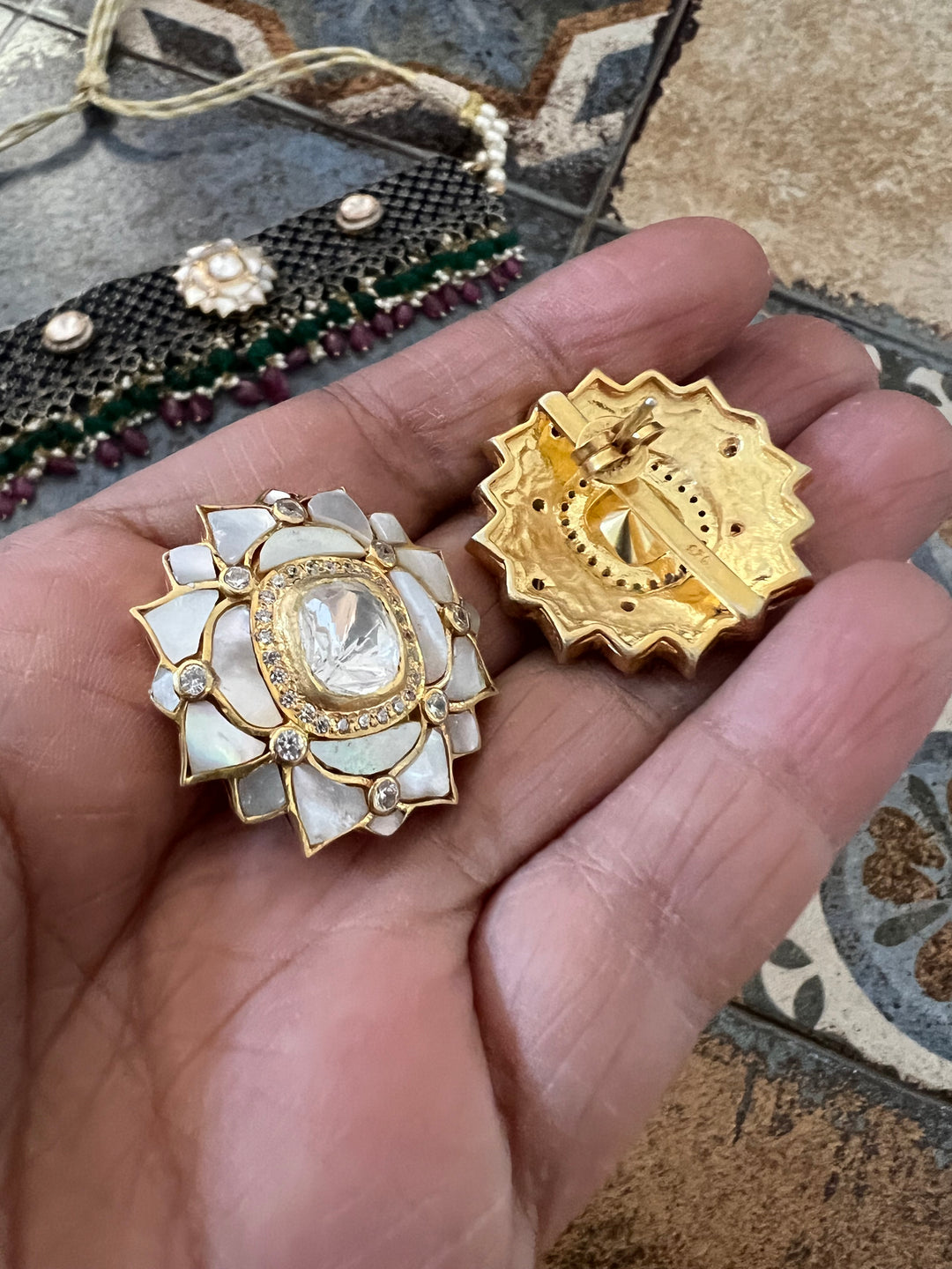 Pure 925 Silver MOP Kundan Choker with Studs