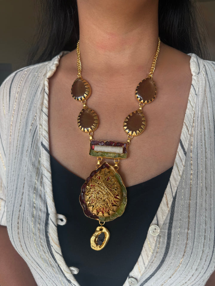 Handmade Statement Gemstone Necklace | Brass Adjustable Lobster Claw Jewelry