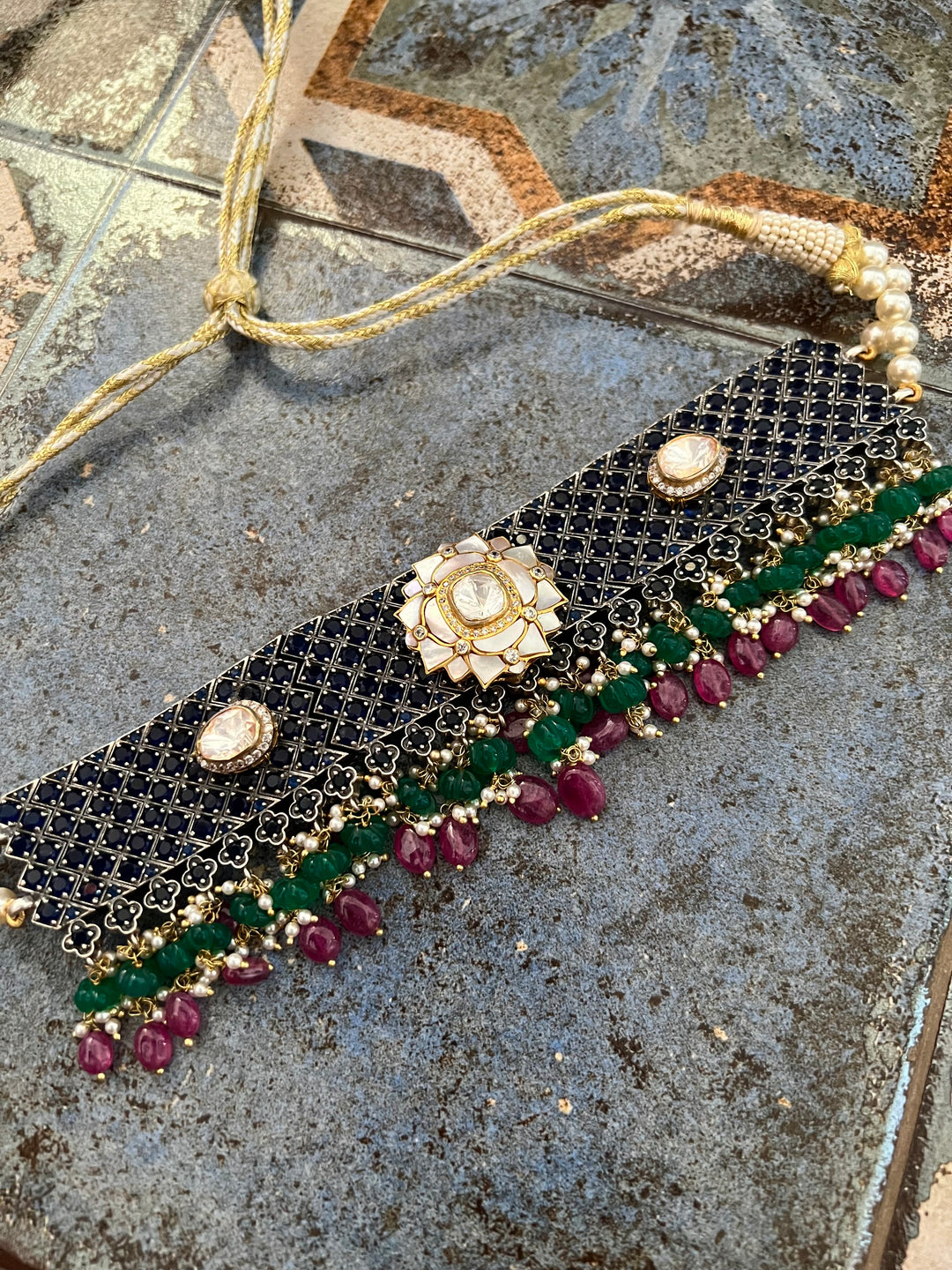 Pure 925 Silver MOP Kundan Choker with Studs