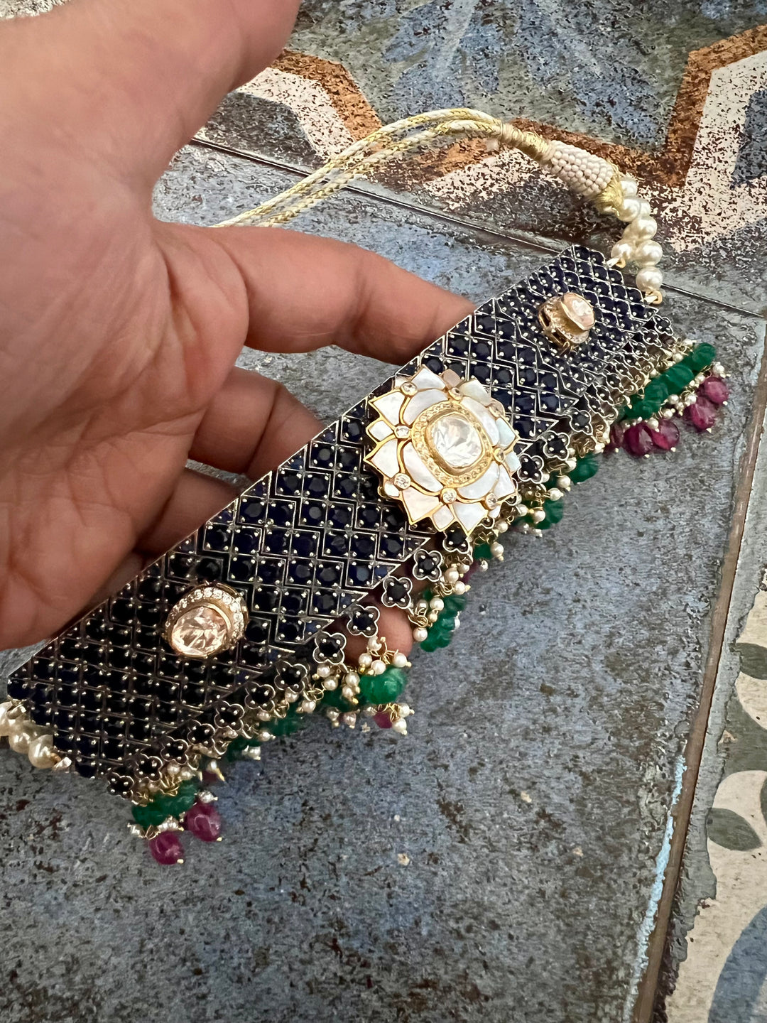 Pure 925 Silver MOP Kundan Choker with Studs