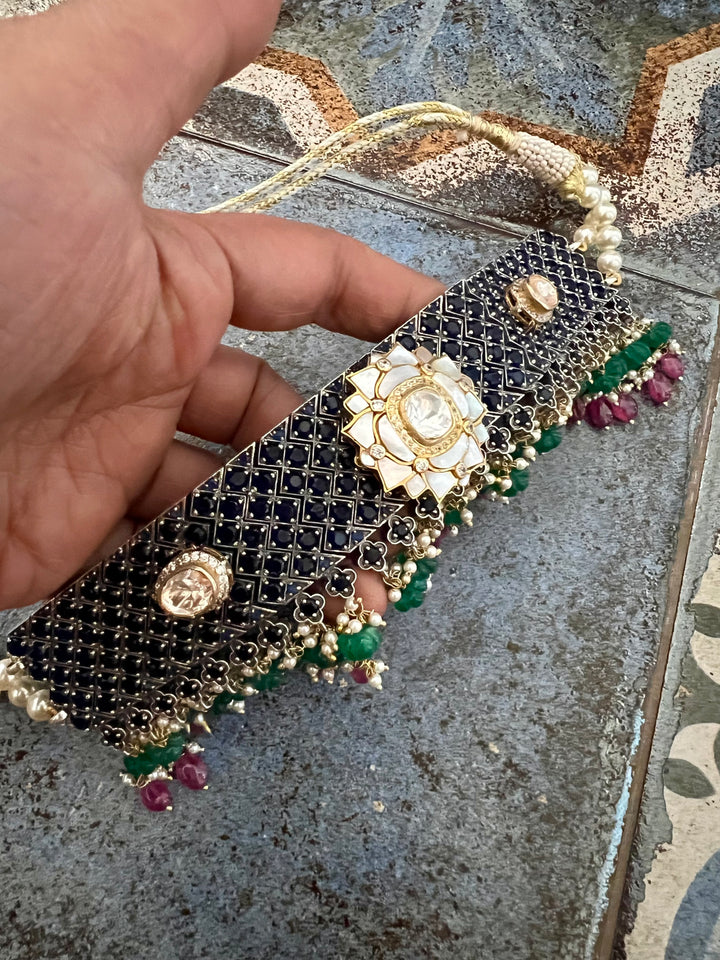 Pure 925 Silver MOP Kundan Choker with Studs