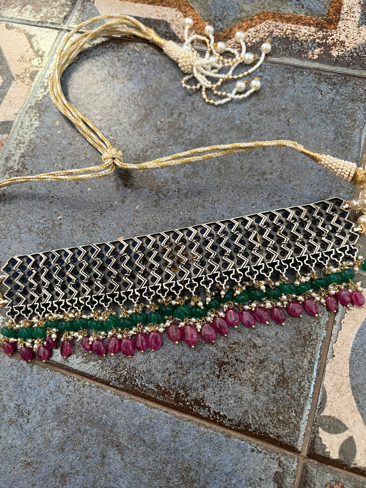 Pure 925 Silver MOP Kundan Choker with Studs