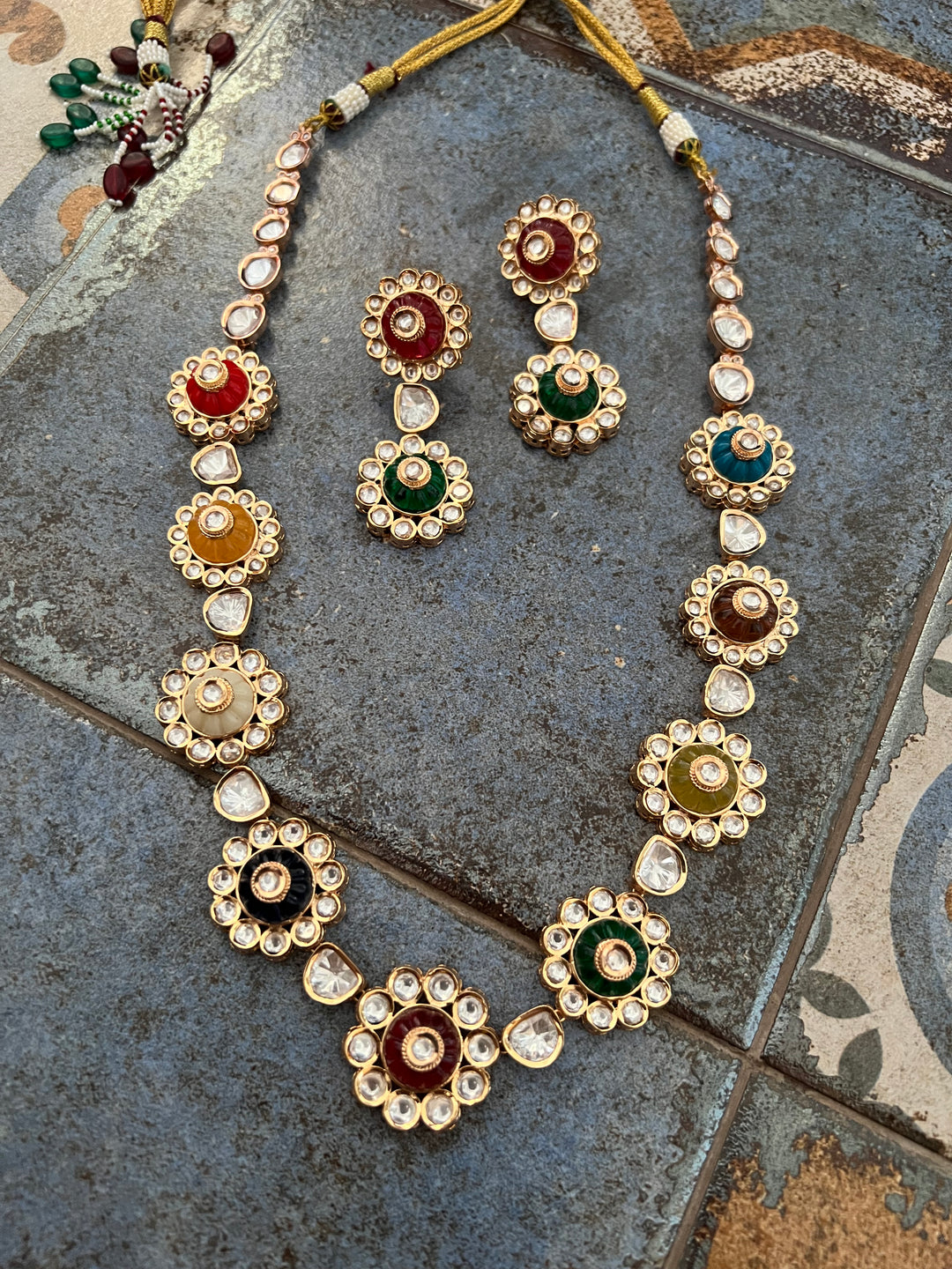 Multicoloured Kundan Necklace with Earrings