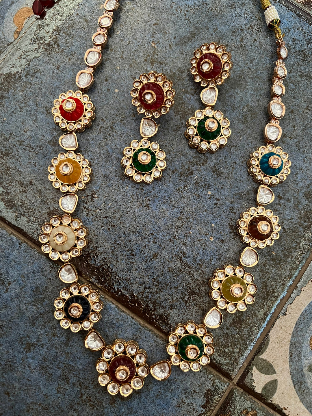 Multicoloured Kundan Necklace with Earrings
