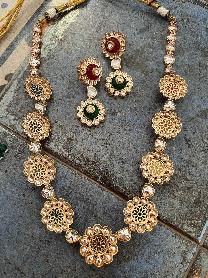 Multicoloured Kundan Necklace with Earrings
