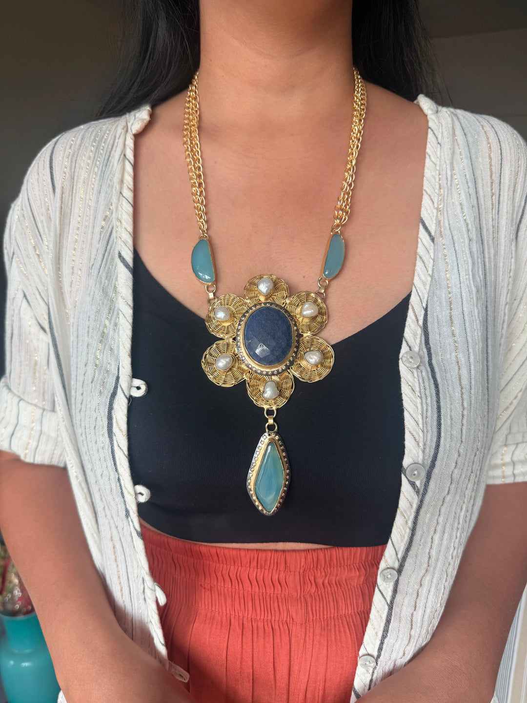 Handmade Pearl & Chalcedony Statement Necklace | Brass Adjustable Lobster Claw Jewelry