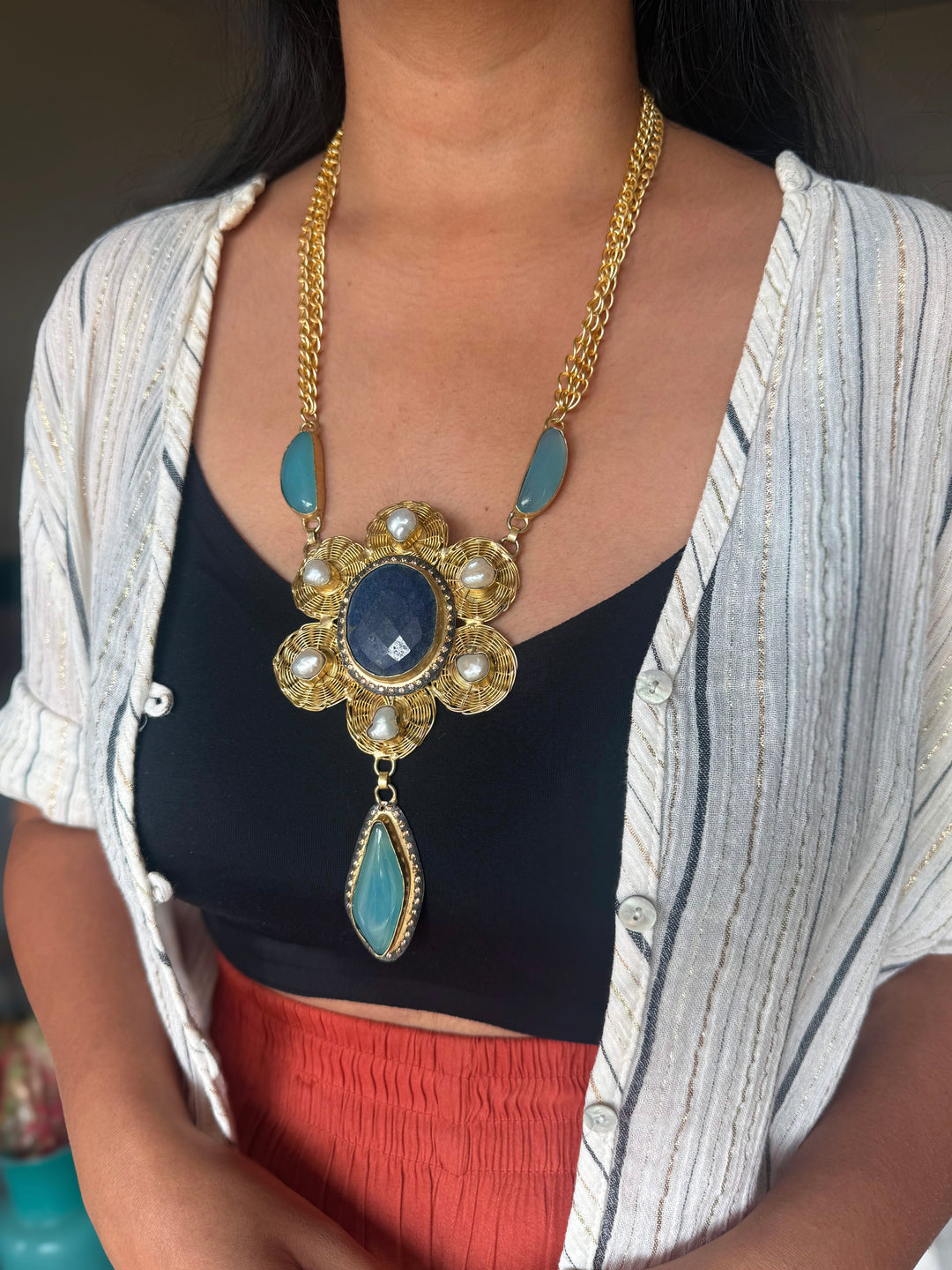 Handmade Pearl & Chalcedony Statement Necklace | Brass Adjustable Lobster Claw Jewelry