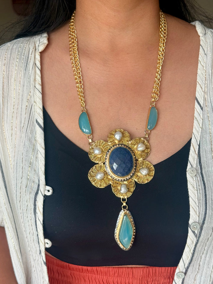 Handmade Pearl & Chalcedony Statement Necklace | Brass Adjustable Lobster Claw Jewelry