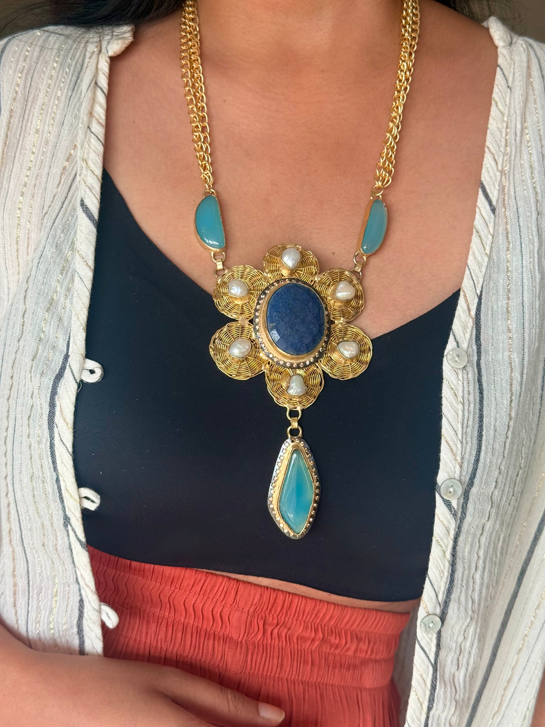 Handmade Pearl & Chalcedony Statement Necklace | Brass Adjustable Lobster Claw Jewelry