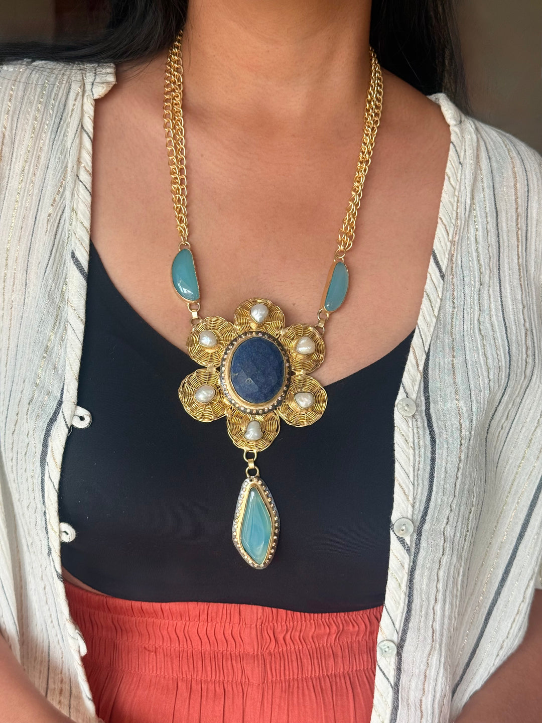 Handmade Pearl & Chalcedony Statement Necklace | Brass Adjustable Lobster Claw Jewelry