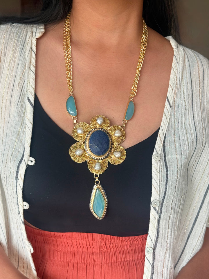 Handmade Pearl & Chalcedony Statement Necklace | Brass Adjustable Lobster Claw Jewelry