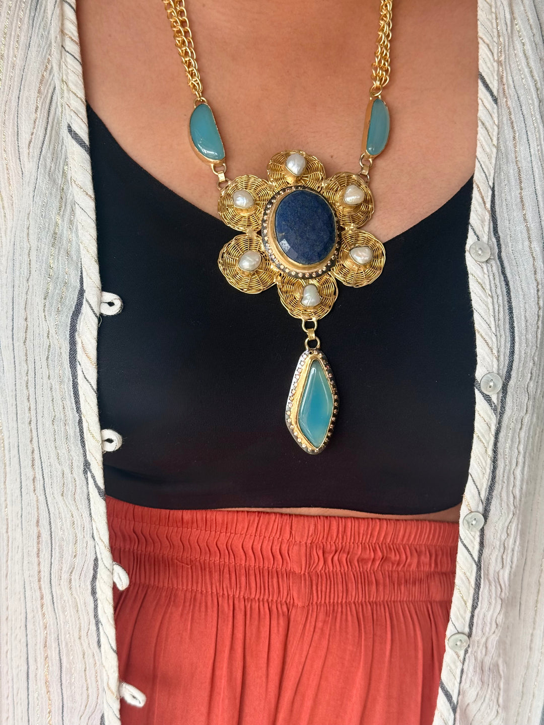 Handmade Pearl & Chalcedony Statement Necklace | Brass Adjustable Lobster Claw Jewelry