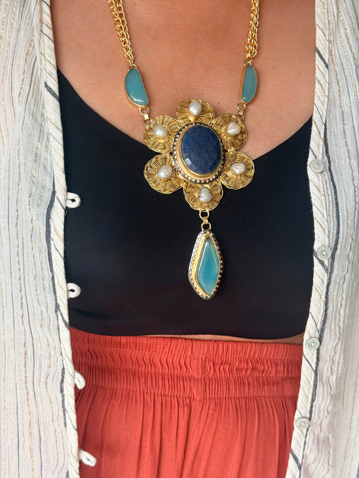 Handmade Pearl & Chalcedony Statement Necklace | Brass Adjustable Lobster Claw Jewelry