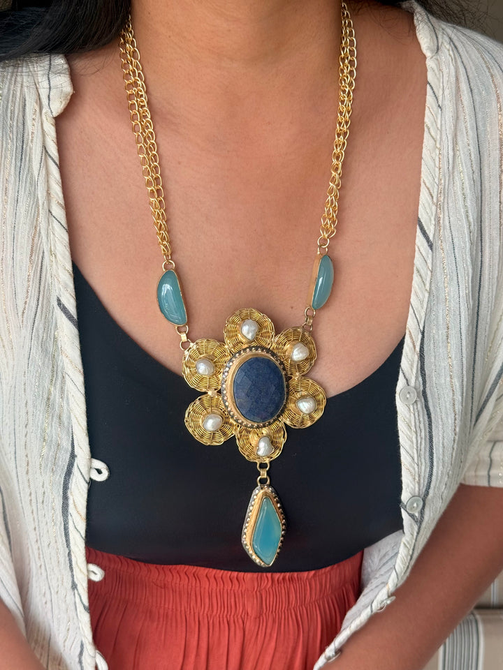 Handmade Pearl & Chalcedony Statement Necklace | Brass Adjustable Lobster Claw Jewelry