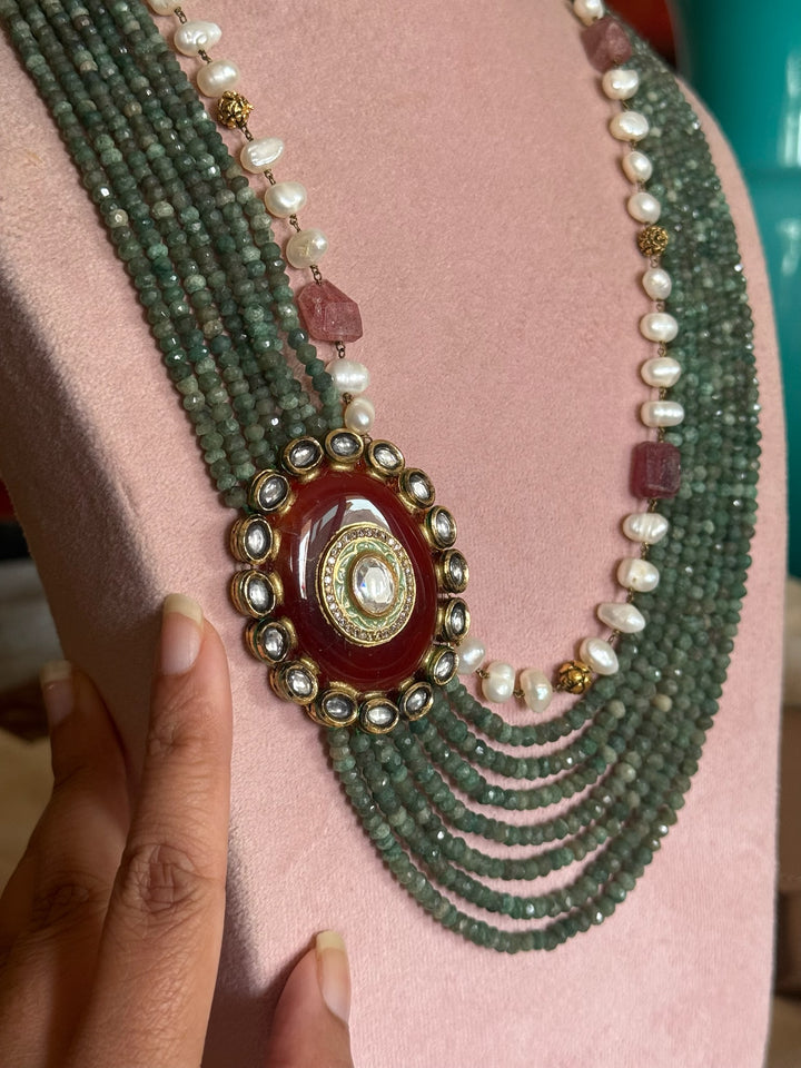 Handmade Antique Kundan Statement Necklace with Natural Gemstones | Adjustable Hook Closure by SHIVKA
