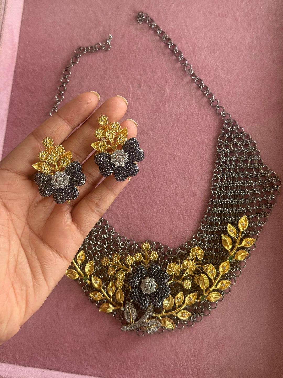 Handmade Floral Designer Necklace Set | Gold & Black Rhodium | SHIVKA