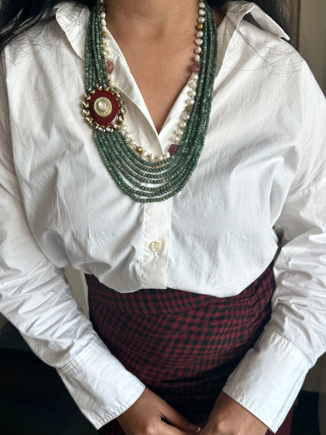 Handmade Antique Kundan Statement Necklace with Natural Gemstones | Adjustable Hook Closure by SHIVKA