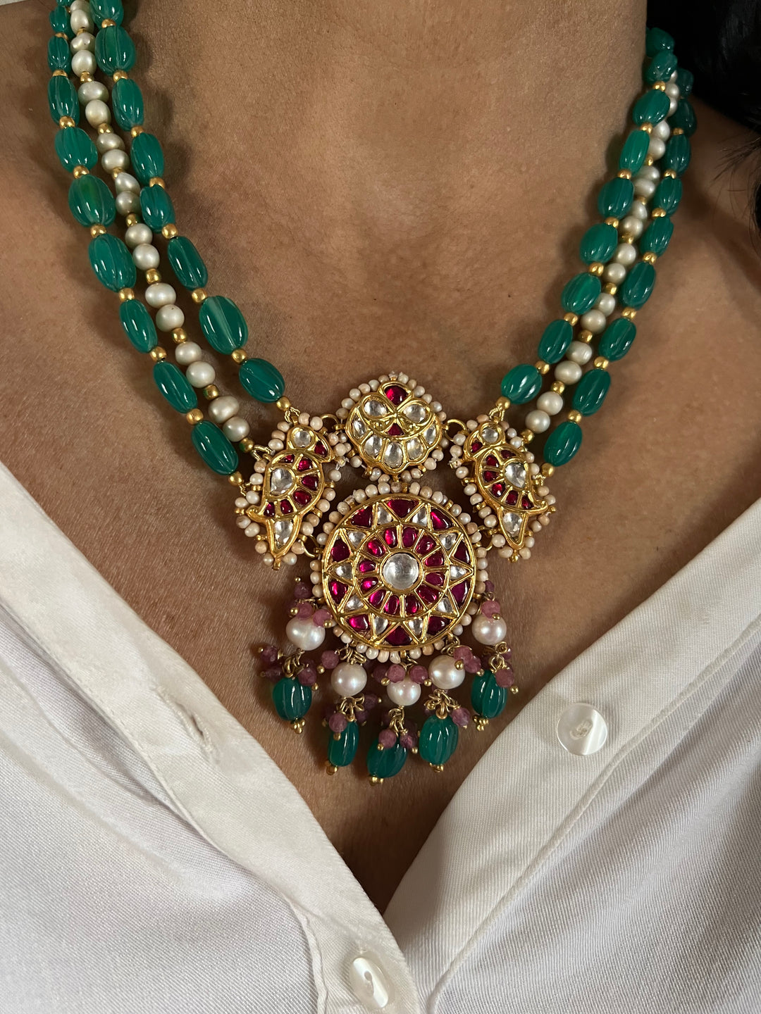 Elegant 925 Silver Jadau Kundan Necklace Set